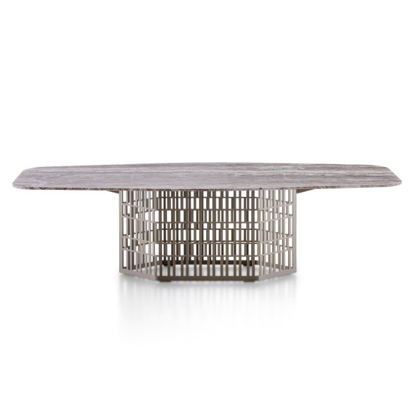 Table de repas 150 - Slice - Elegant grey travertino and bronze steel outdoor table for fine dining - Pacific Compagnie.