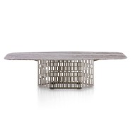 Table de repas 150 - Slice - Elegant grey travertino and bronze steel outdoor table for fine dining - Pacific Compagnie.