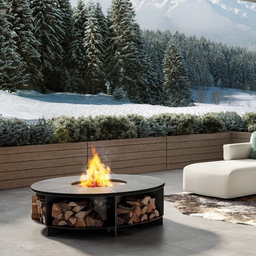 Brasero 150 - Fireplace - brasero en pierre naturelle et métal noir verni, idéal pour salons de jardin - Pacific Compagnie.