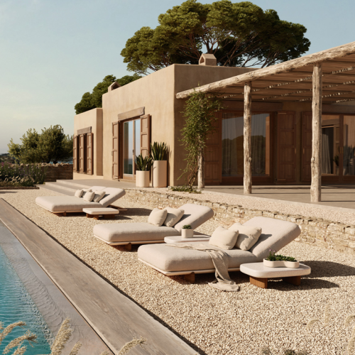 Transat 111 - Milos - Modern wooden sun lounger with PU cushions, sleek design - Pacific Compagnie.