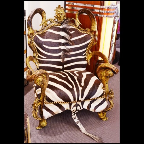 Fauteuil 120 - Zebra - Exotic zebra print armchair with real horns, unique furniture piece - Pacific Compagnie.