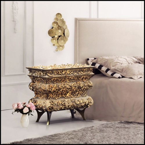 Nightstand in solid wood and hand-carved brass with gold leaf and high gloss varnished 145-Vinci
