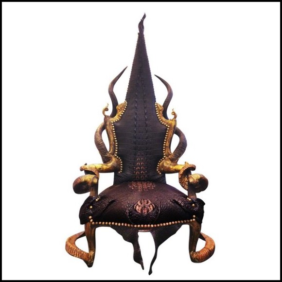 Fauteuil avec peau de crocodile teintée black cornes véritables et finitions bronze massif PC-Crocodile Black Sharp