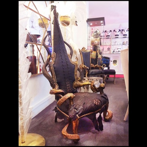 Armchair with black crocodile skin real horns in bronze finish PC-Crocodile Black Sharp