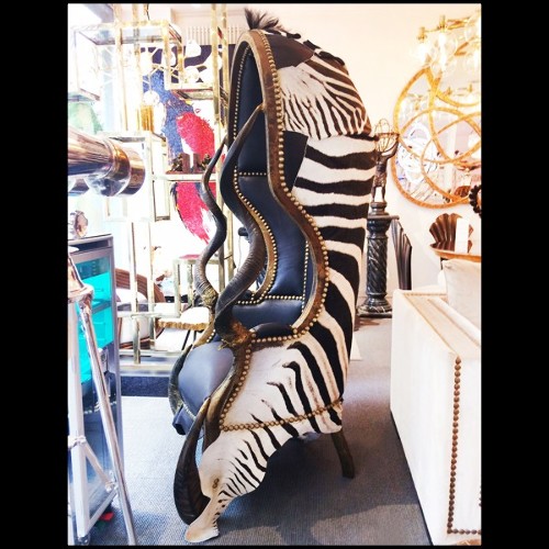 Armchair Dome covered with real zebra skin with real natural horns PC-Zebra Black
