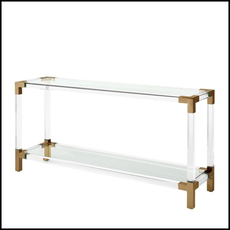 Console with structure in brushed brass finish clear acrylic and clear glass tray 24-Princess Console