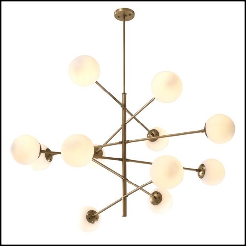 Suspension en laiton finition vintage et avec 12 abat-jours sphérique en verre blanc 24-Exo