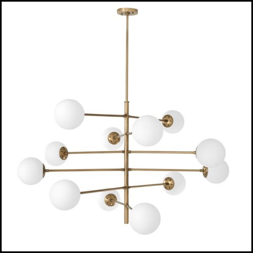 Suspension en laiton finition vintage et avec 12 abat-jours sphérique en verre blanc 24-Exo