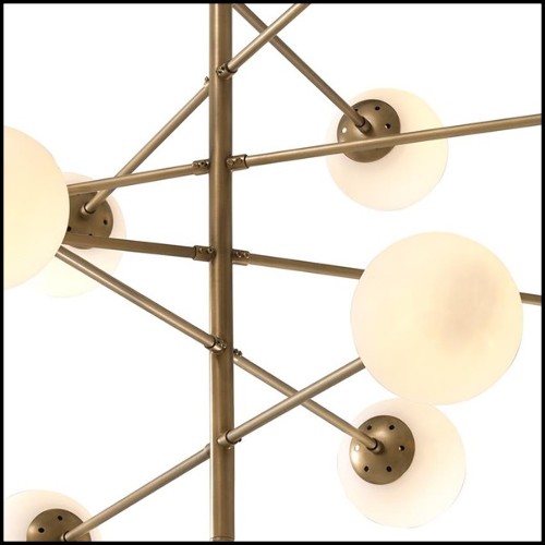 Suspension en laiton finition vintage et avec 12 abat-jours sphérique en verre blanc 24-Exo