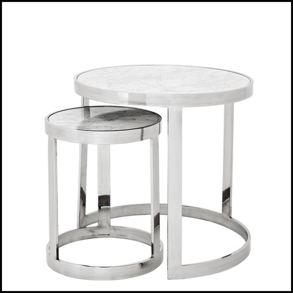 Set de 2 tables d'appoint avec structure en acier inoxydable poli et plateaux en marbre blanc 24-Duo Set