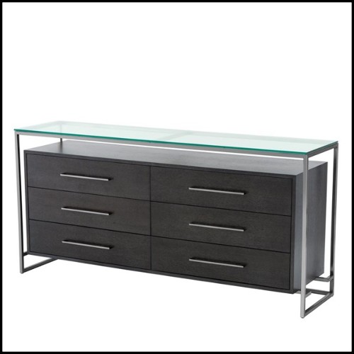 Buffet with structure in charcoal oak veneer steel with black nickel finish and top in clear glass 24-Domino