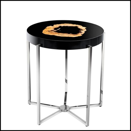 Table d'appoint avec base en nickel et plateau bois pétrifié et peinture noire brillante 24-Petrified Wood
