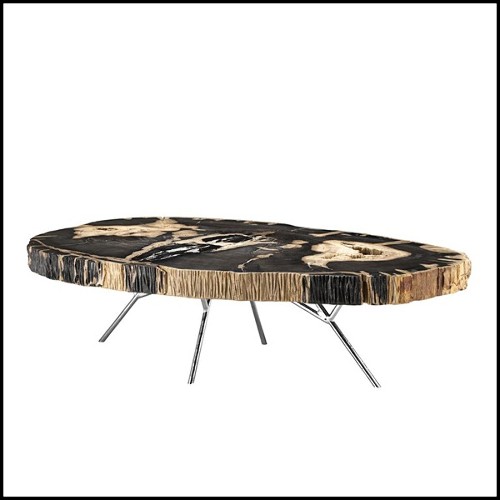 Coffee table black stoned petrified wood with polished stainless steel base 24-Stoned Petrified Wood black