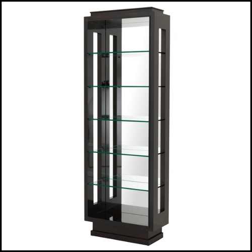 Bookshelves in solid mahogany wood structure with high gloss smoked finish clear glass shelves and mirror glass 24-Yards