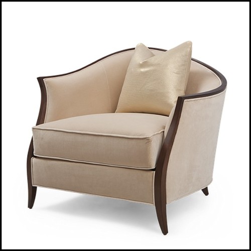 Fauteuil avec structure en bois d'acajou massif vernis couvert de tissu velours beige satiné 119-Holton Left