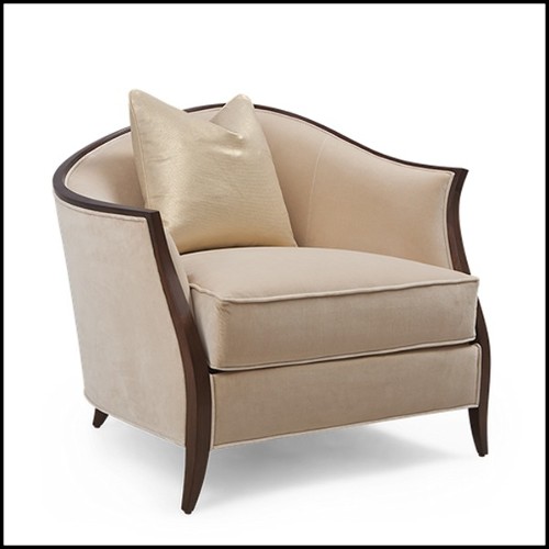 Fauteuil avec structure en bois d'acajou massif vernis couvert de tissu velours beige satiné 119-Holton Left