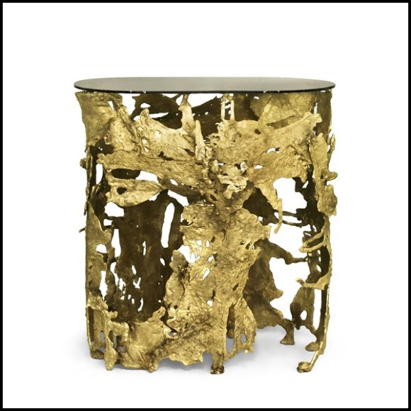 Console avec base en laiton moulé et plateau ovale en verre finition bronze 155-Lava