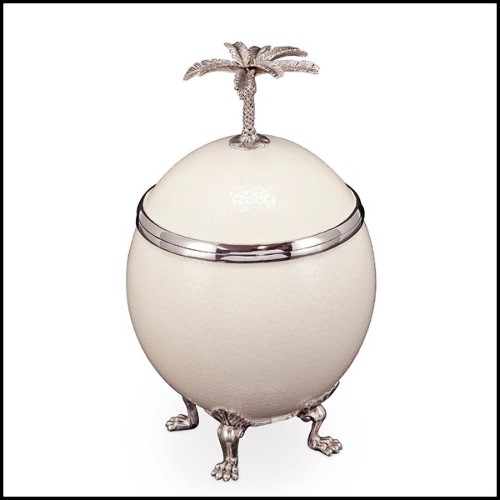 Box with palm tree with a natural ostrich egg with lid with plated silver metal 162-Ostrich Egg