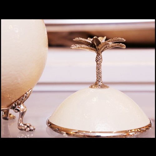 Coffret œuf d'autruche avec palmier couvercle et pieds en métal argenté 162-Ostrich Egg