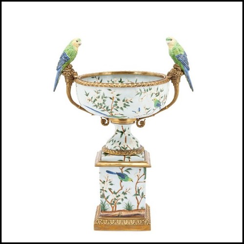Bol en porcelaine peinte à la main avec détails en bronze massif 162-Parrots Flowers