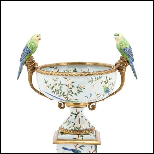 Bol en porcelaine peinte à la main avec détails en bronze massif 162-Parrots Flowers
