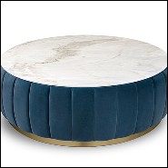 Table basse avec dessus en marbre blanc Estremoz et structure recouverte en velours bleu PC-Lounge Dinner