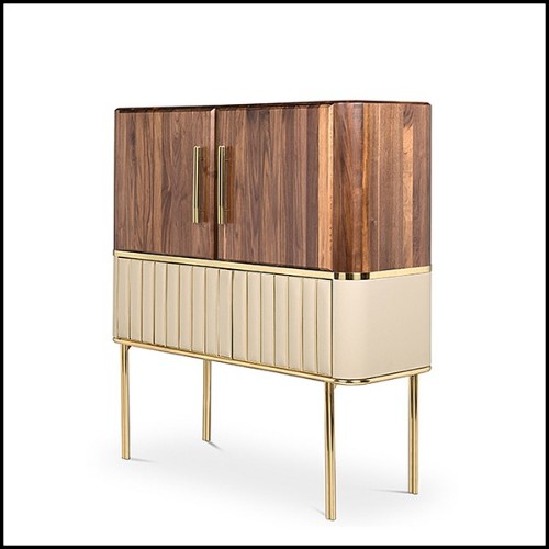 Cabinet in polished brass and solid walnut wood with bottom piece covered with genuine leather PC-Sinatra