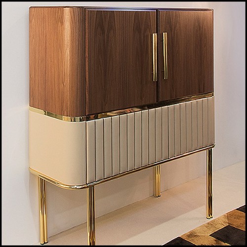 Cabinet in polished brass and solid walnut wood with bottom piece covered with genuine leather PC-Sinatra