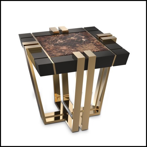 Side Table with black lacquered wood frame and brown marble top 164-Emperador