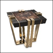 Side Table with black lacquered wood frame and brown marble top 164-Emperador
