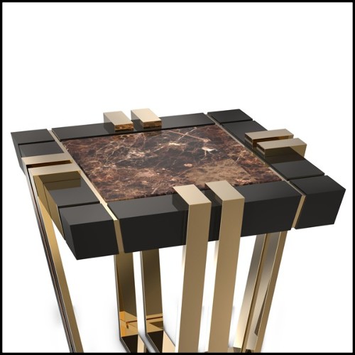 Side Table with black lacquered wood frame and brown marble top 164-Emperador
