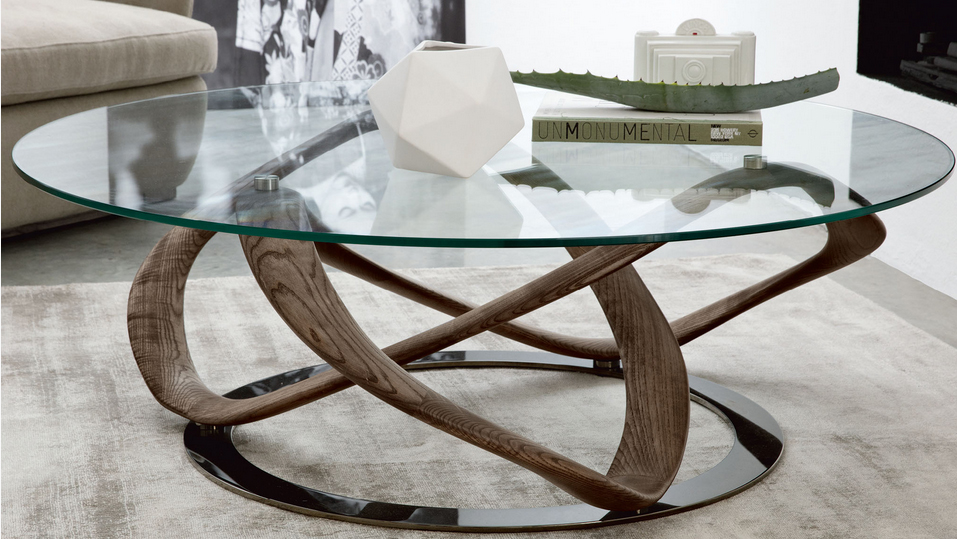 Table basse avec base en bois de noyer massif et socle en métal chromé 163-Limitless