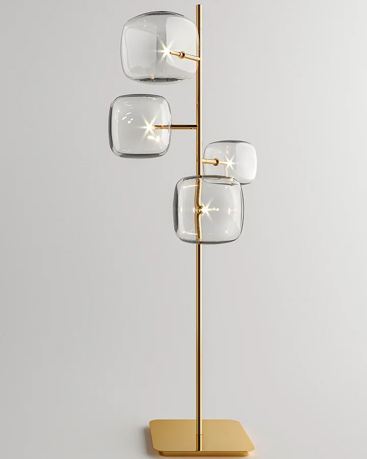 Lampadaire finition or poli avec cubes en verre soufflé 194-Glass Cubes