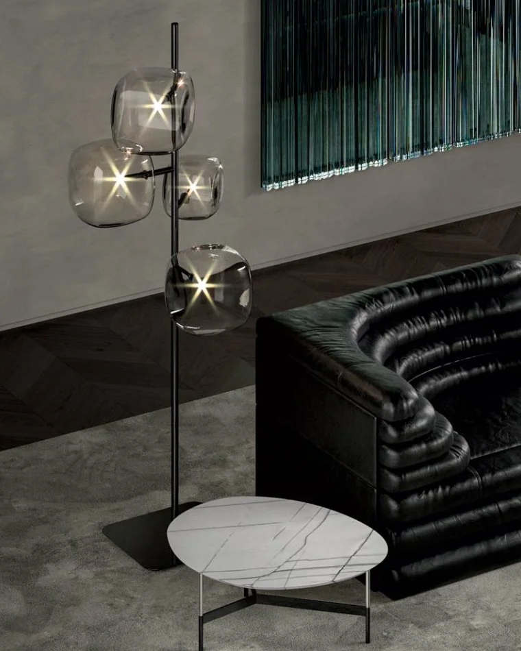 Lampadaire finition or poli avec cubes en verre soufflé 194-Glass Cubes