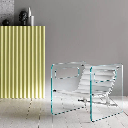 Fauteuil avec côtés gauche et droit en verre clair et assise en cuir blanc véritable 194-Aera