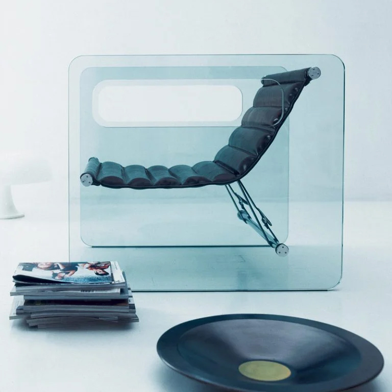 Fauteuil avec côtés gauche et droit en verre clair et assise en cuir blanc véritable 194-Aera